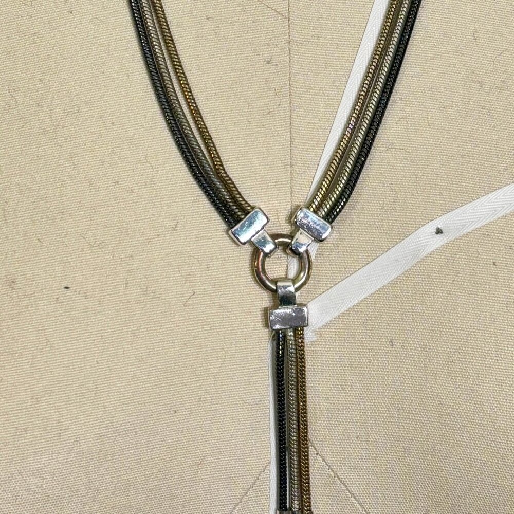 Tri Toned Metal Chain Tasseled Necklace